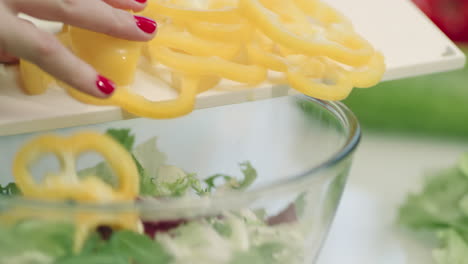 woman adding fresh peppers to salad. closeup chef female hands cooking salad