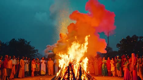 people gather around a large bonfire during a nighttime festival