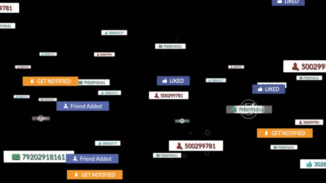 Animation of social media text on banners with cursors over black background