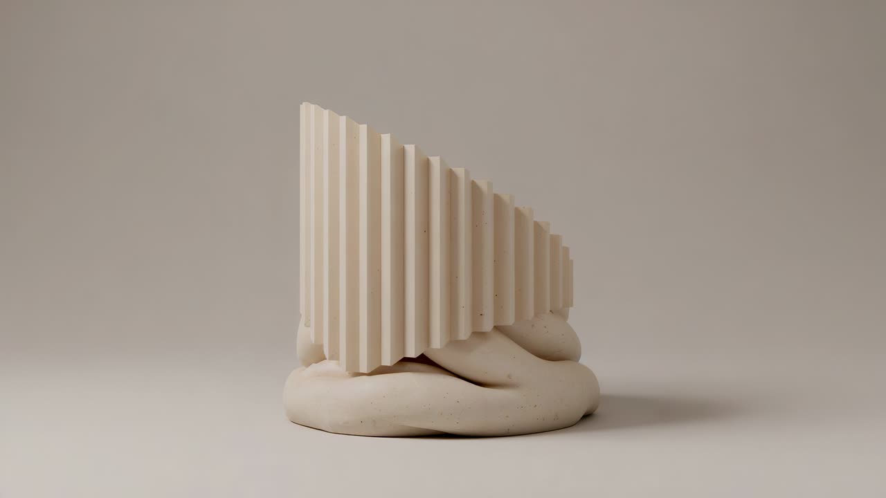 Beige, geriffelte Keilspitze, die sich unter dem Einfluss der Schwerkraft um die Spulenbasis auf dem Tisch dreht und eine gezahnte Scheibe freilegt