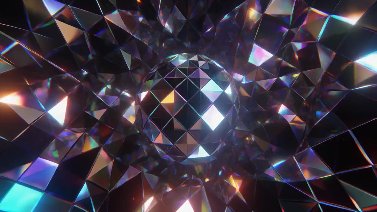 Sfera di cristallo geometrica astratta rotante con superfici riflettenti