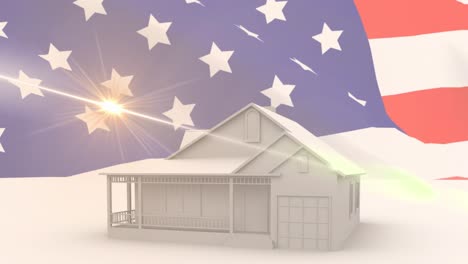 Animation-Der-Nationalflagge-Amerikas,-Die-über-Dem-3D-Modell-Eines-Hauses-Und-Linseneffekt-Weht