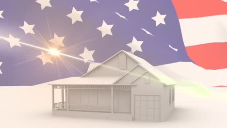 animation of national flag of america waving over 3d model of house and lens flare