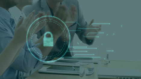 Animation of shapes with padlock over diverse business people clapping