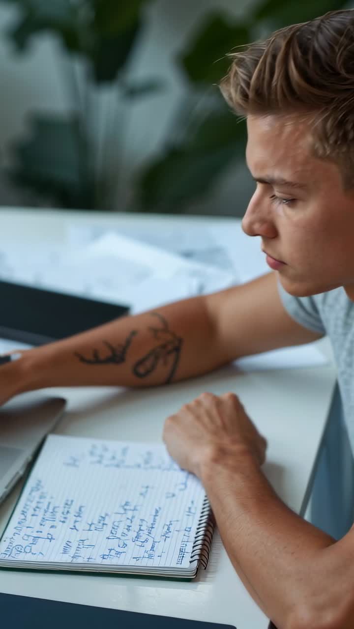 Video verticale: Uomo appoggiato alla scrivania che scrive appunti su un quaderno a spirale, dando un'occhiata e allungandosi verso il laptop.