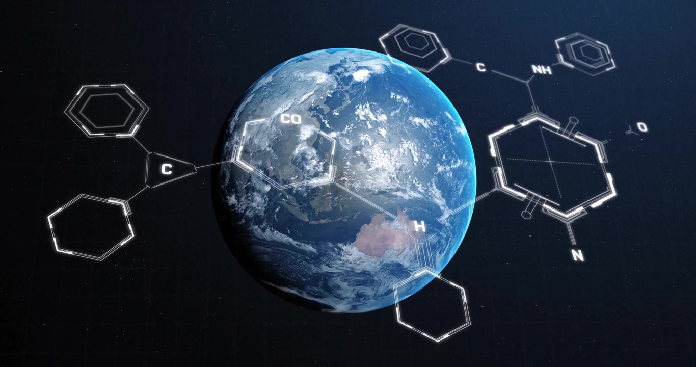 宇宙で回転する地球、右から分子の六角形が現れ、赤道科学ネットワークに結合する。