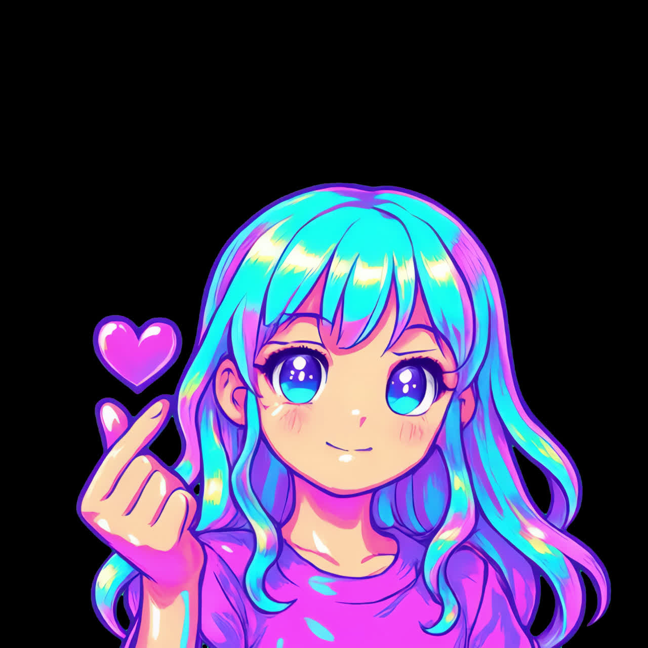 Colorful anime girl with heart animation isolated asset, transparent 4K video, alpha channel, ProRes