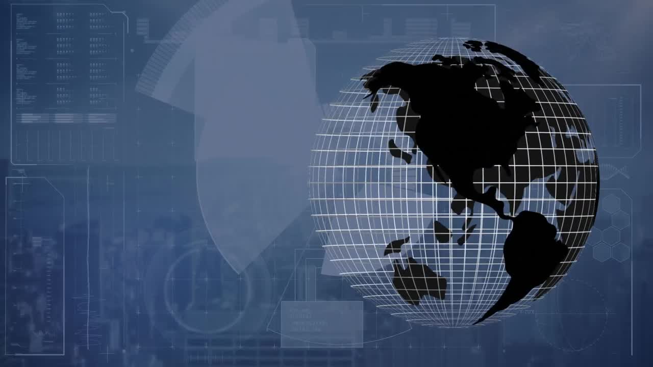 Animation of globe rotating over blue background with diverse data
