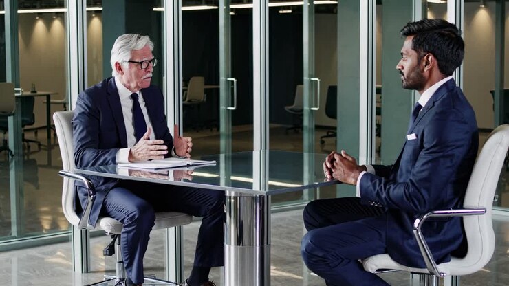 Two businessmen in suits engage in a serious discussion across a glass table in a modern office