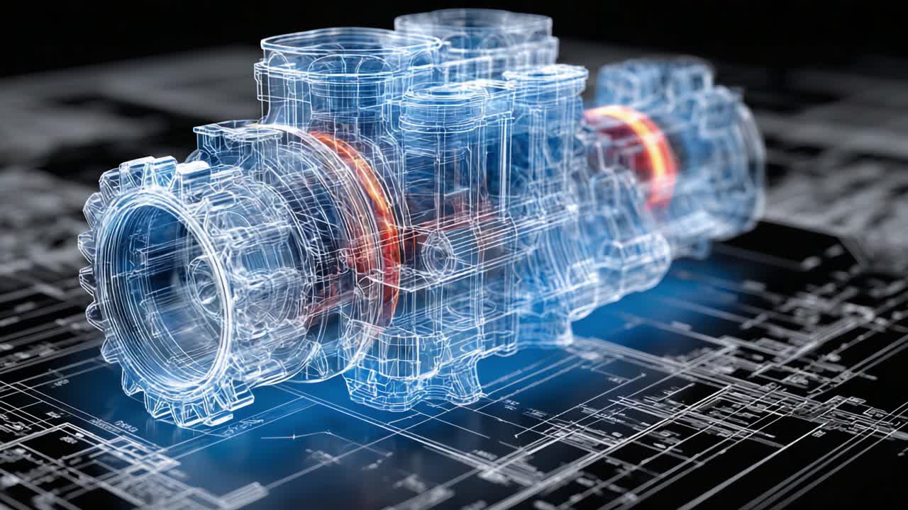 A High-Tech View of an Industrial Component: Analyzing a Transparent Engine Part with Detailed Blueprint Background
