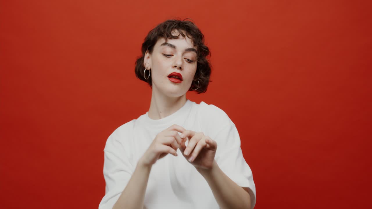 빨간 바탕에  셔츠를 입은 곱슬머리를 가진 여자