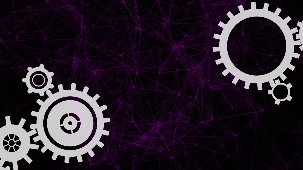 Animation of gears and network of connections on dark background