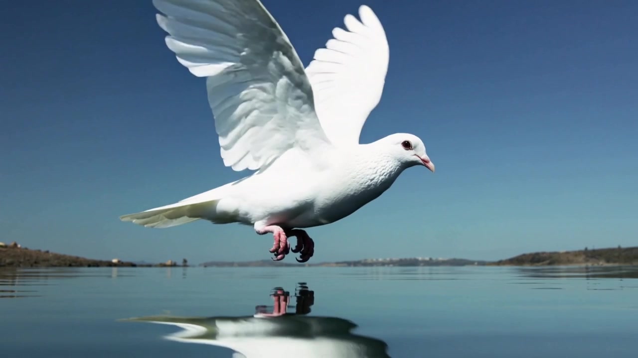 岸辺近くの穏やかな湖面を白いハトが低く滑空し、その下に鮮明な反射を映し出している。