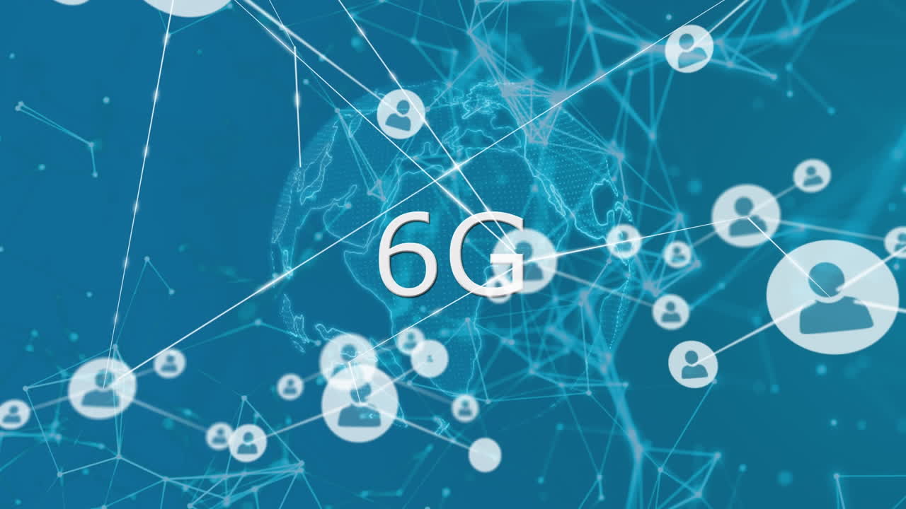 animación de un globo con texto de 6g sobre una red de conexiones sobre fondo azul