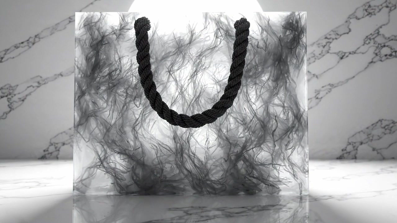 Elegant Transparent Shopping Bag with Artistic Design on a Marble Surface Illuminated by Soft Ambient Light in a Minimalist Setting