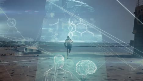 animation of network of connections and data processing over african american man running