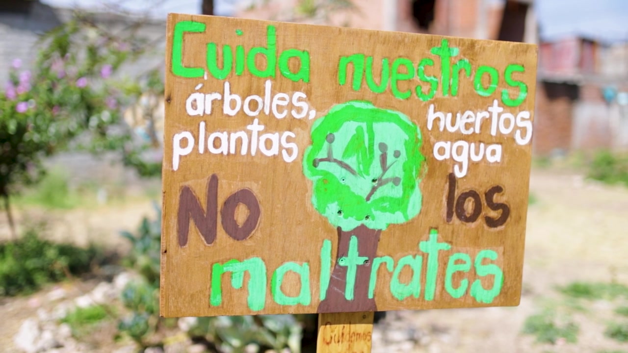 Cartello in legno dipinto a mano che promuove la consapevolezza ambientale con un messaggio per proteggere alberi, piante, giardini e acqua. Ideale per la sostenibilità, la conservazione ecologica, l'educazione ambientale e la comunità.