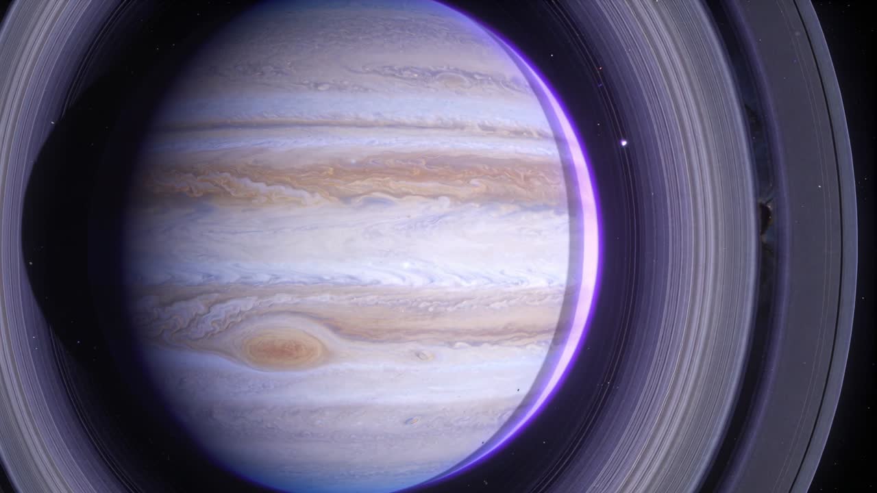Câmera em movimento mostrando gigante gasoso com faixas e a Grande Oval em sobrevoo de anel, com um triângulo escuro entrando.