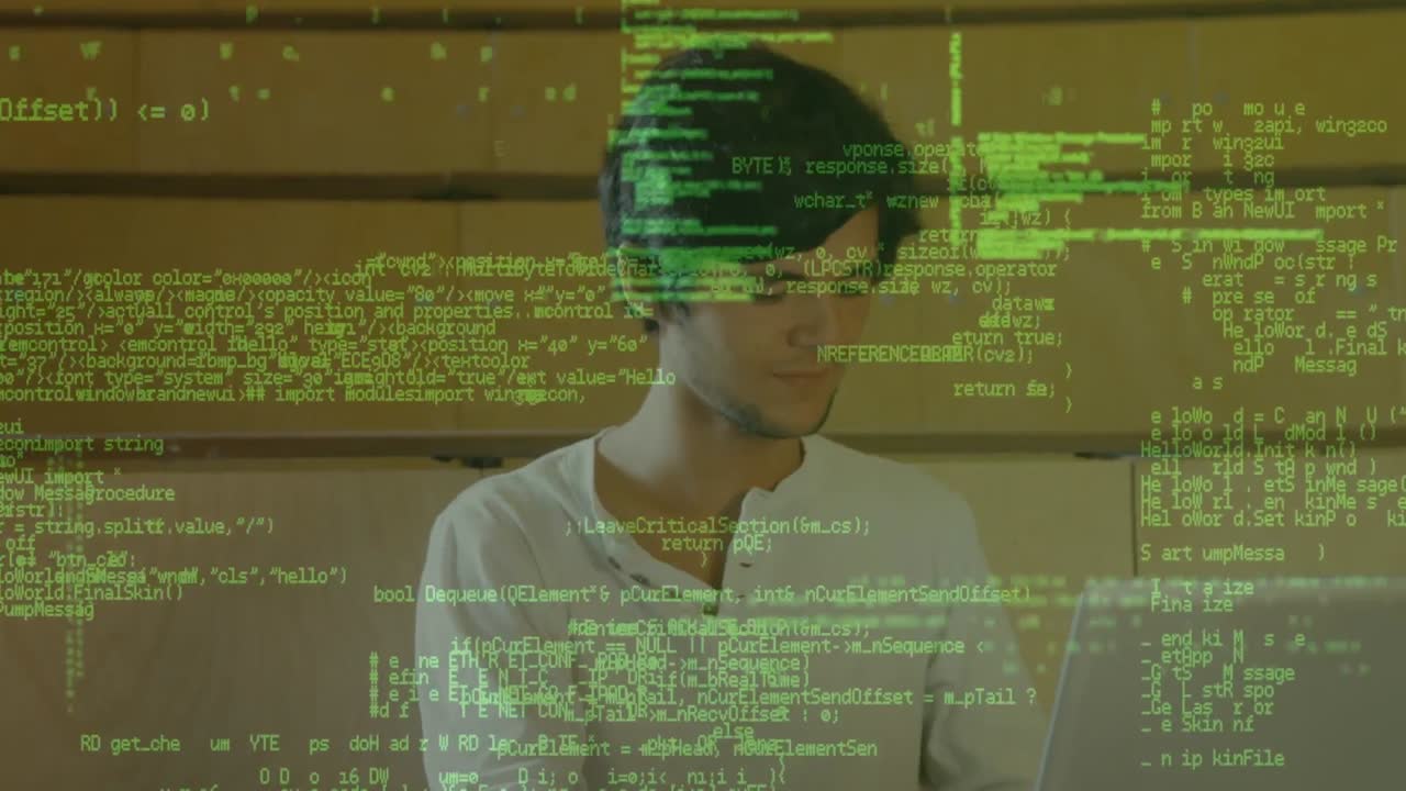 animación del procesamiento de datos digitales sobre estudiante caucásico