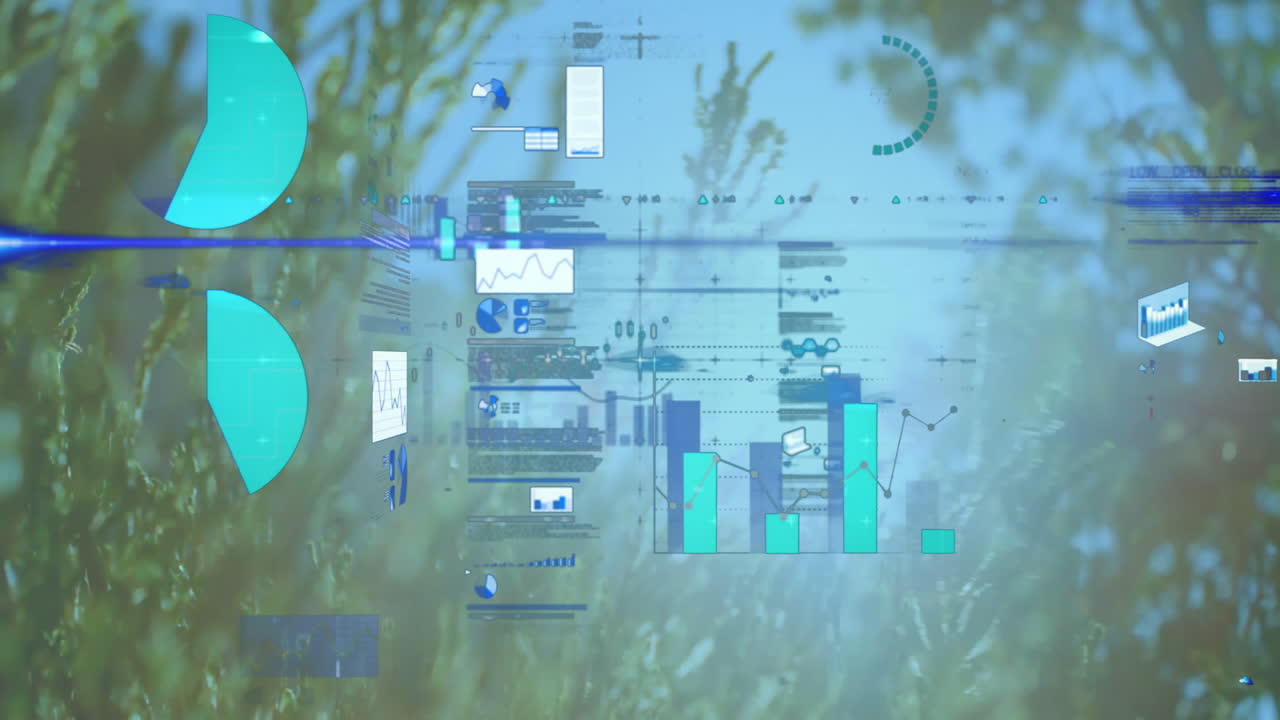 Digital data visualization overlaying blurred grass, displaying bar charts and line graphs