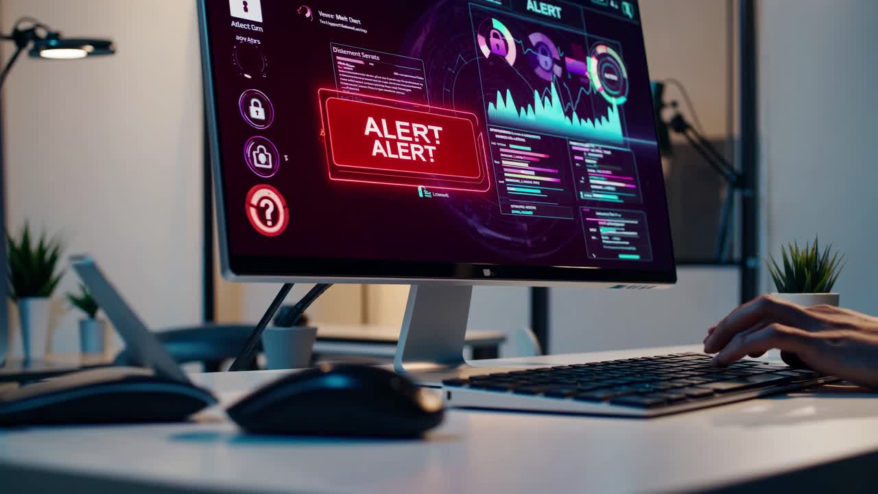 Et sidevinkelbillede af en person, der arbejder på en computer med futuristiske datavisualiseringer på skærmen.