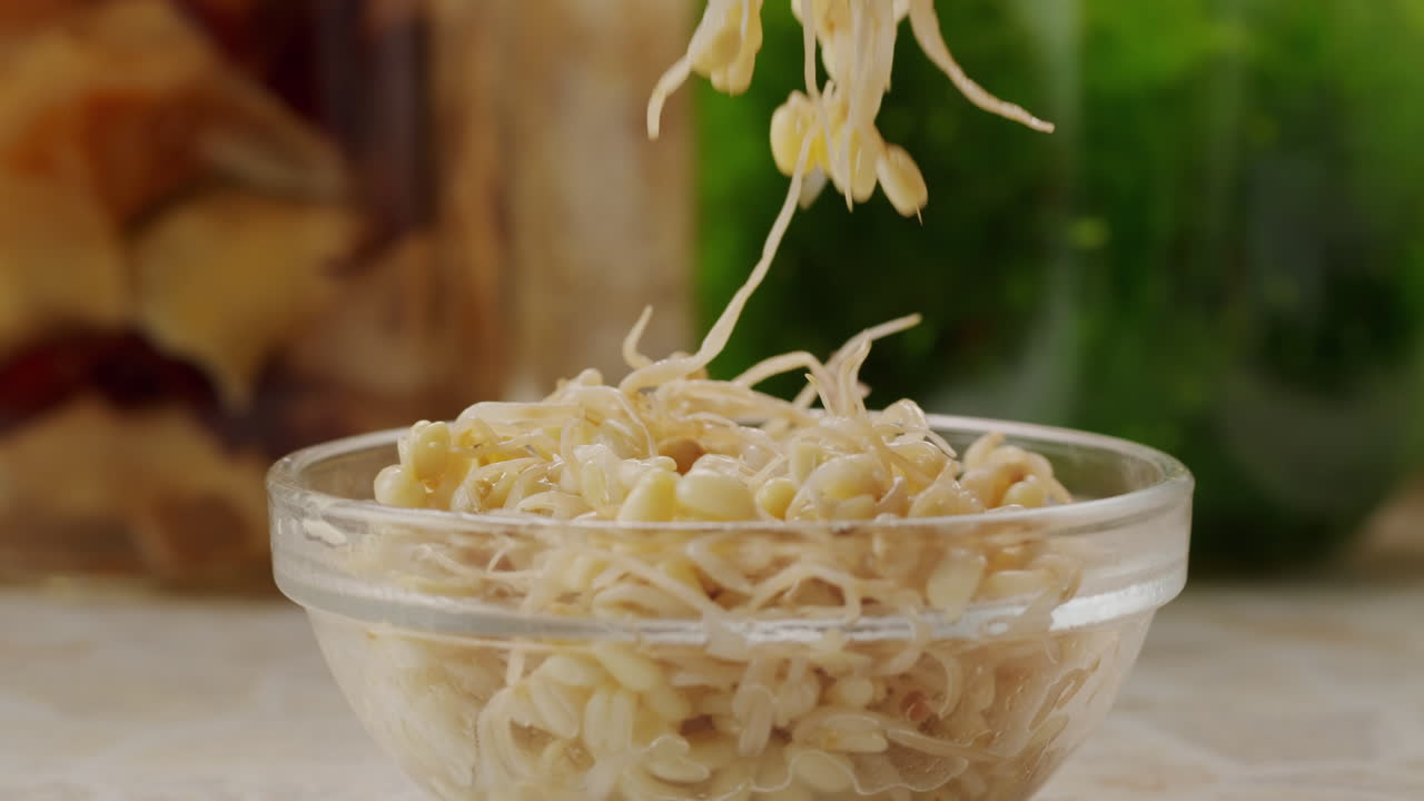 Salted soybean fermented in jar, chinese soy production, marinated food, germinated soy close up in cafe restaurant.