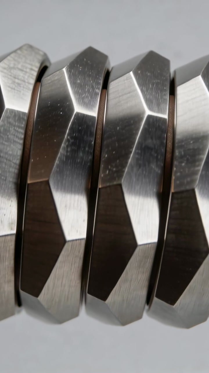 Vertical video: Panning camera revealing stacked faceted metal bands on gray table, showing texture