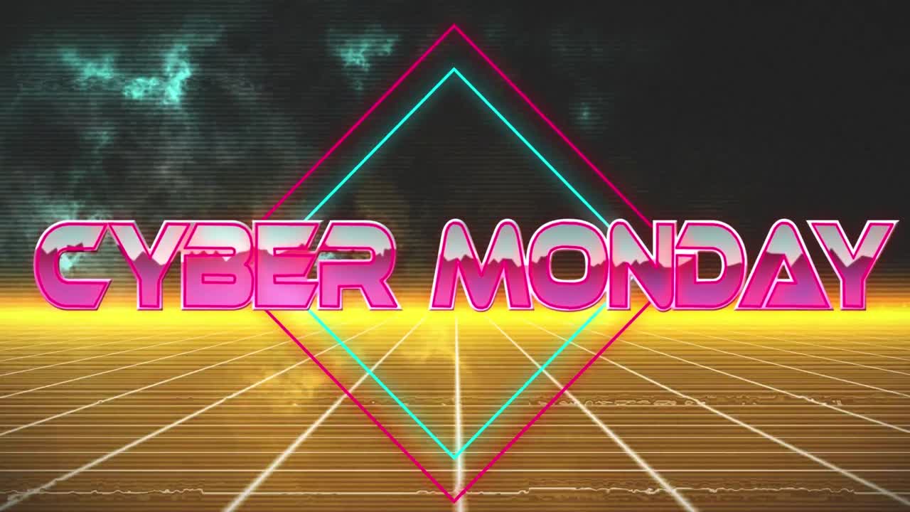 구름과 움직이는 사각형 위의 사이버 월요일 텍스트의 애니메이션