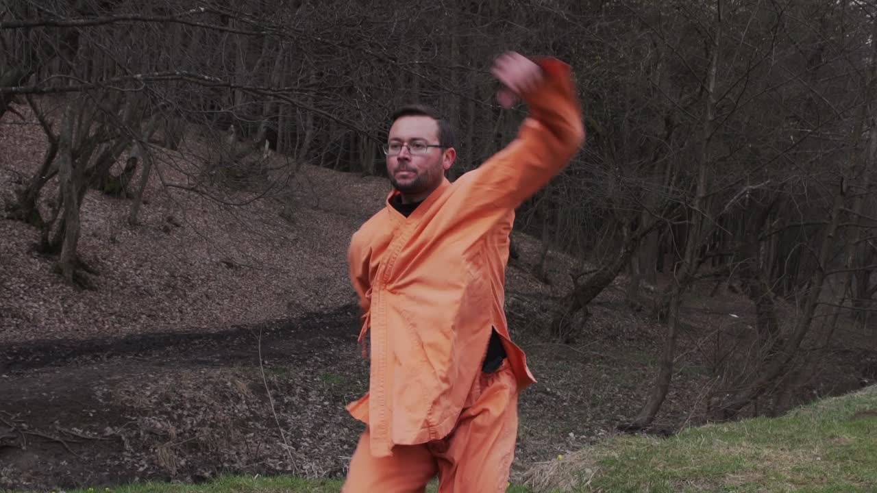 Caucasian Karateka In Orange Yi-fu Practicing Kung Fu In The Forest. medium shot