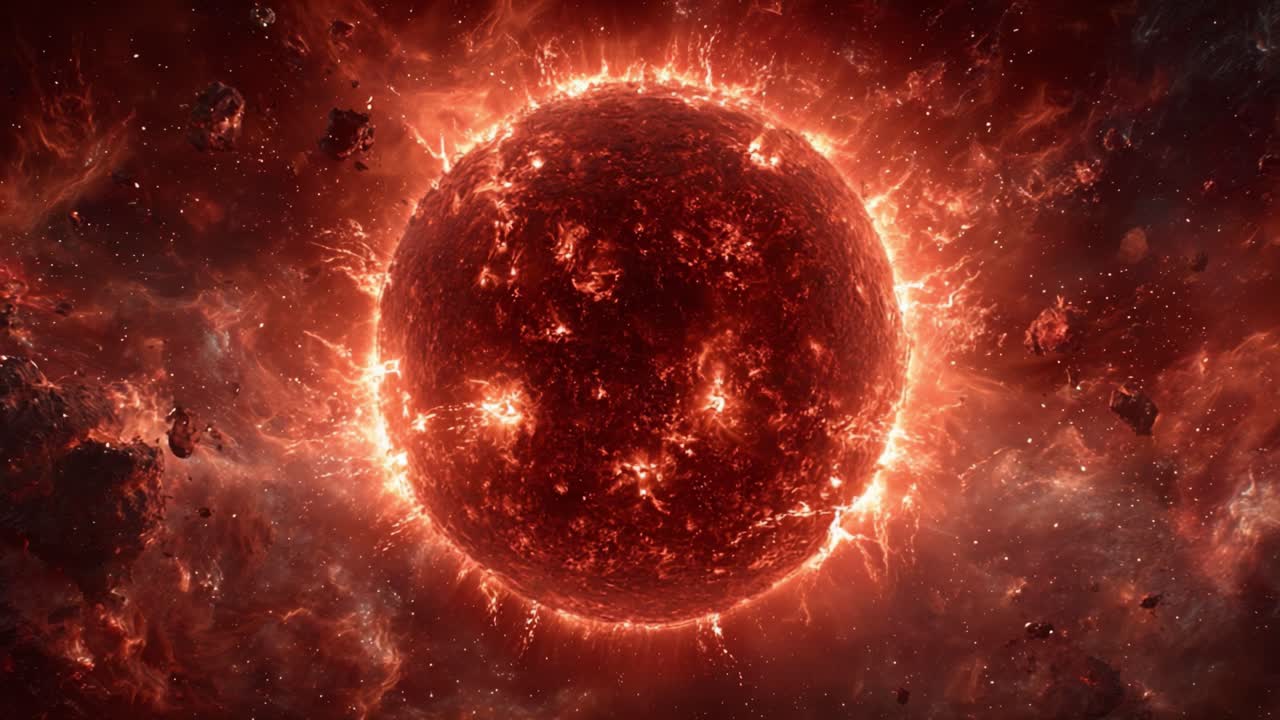 Ein faszinierender Anblick eines feurigen Himmelskörpers mit dynamischen Sonneneruptionen und kosmischen Hintergründen, der die Geheimnisse des Weltraums und des Universums beleuchtet.
