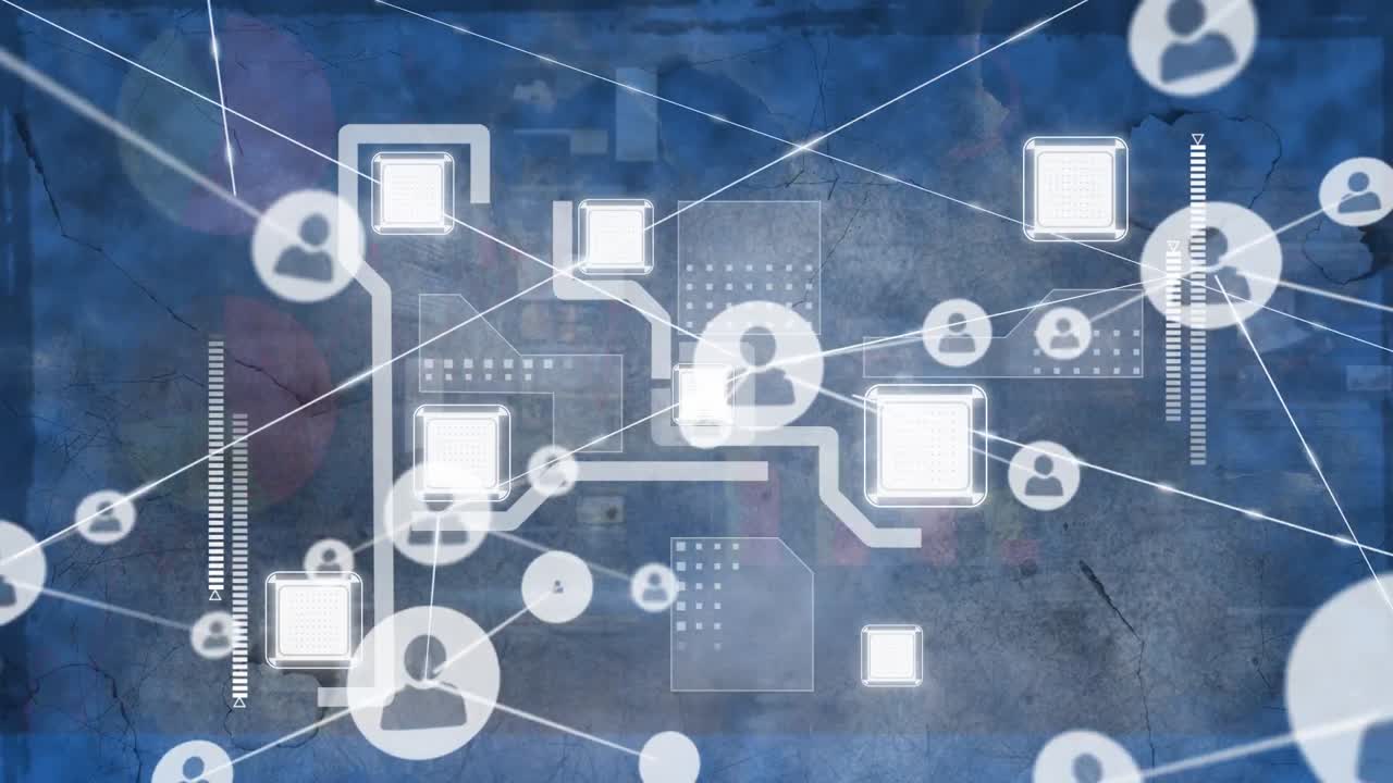 animación de la red de conexiones con iconos sobre el procesamiento de datos