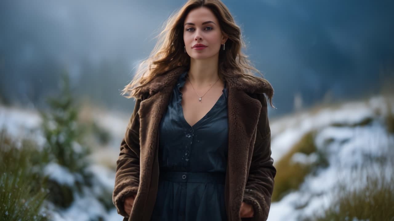 En kvinde går selvsikkert ad en sneklædt sti, elegant klædt i en brun frakke og et stilfuldt outfit, fanget i et fredfyldt vinterlandskab