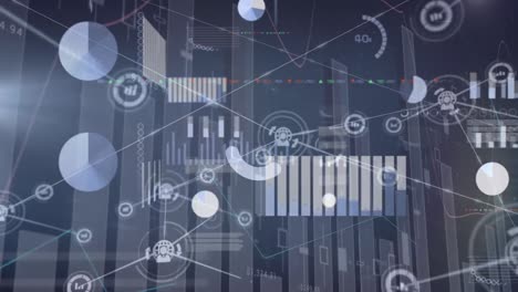 Animation of financial graphs and diverse data on navy background