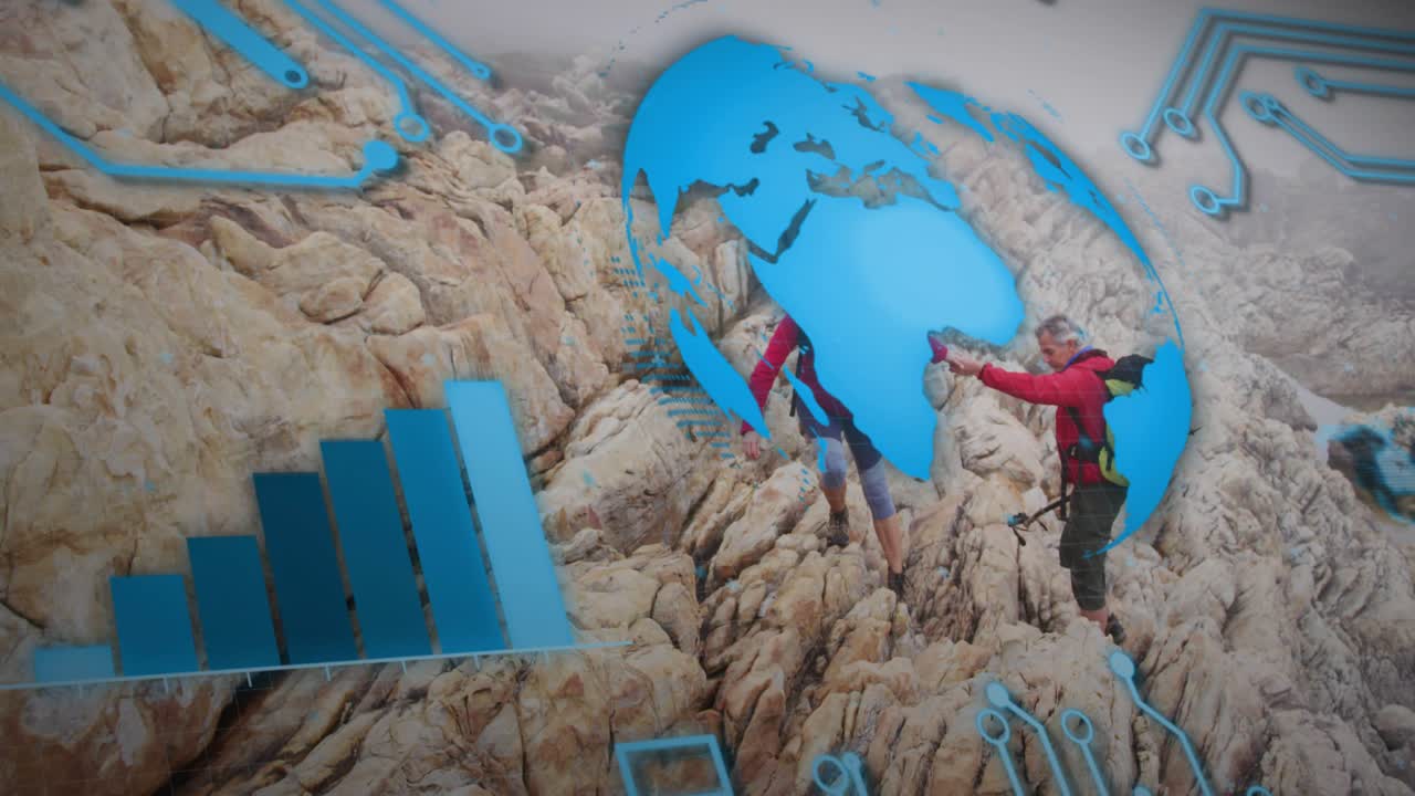Male hiker helping partner on ridge starting rotating globe and rising bars visualizing tech growth