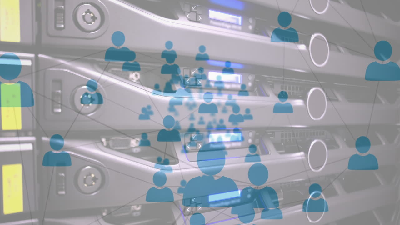 컴퓨터 서버 하드웨어를 통한 연결 네트워크의 애니메이션