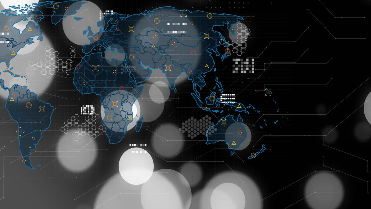 Digital world map being animated on dark grid, displaying connectors, nodes, icons, data blocks