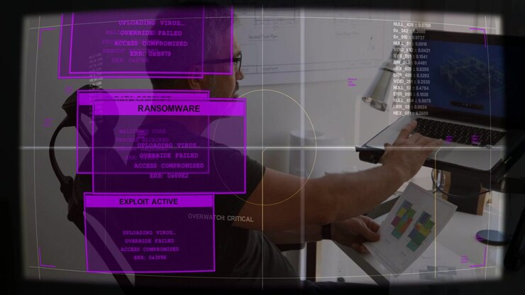 DATA CORRUPT alert popping up, man moving laptop and probing chart, security warnings overlaying UI