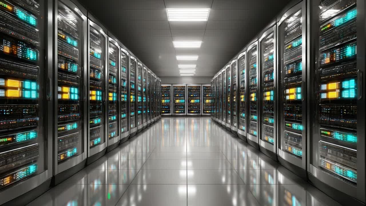 Exploring a High-Tech Data Center: Rows of Server Racks with Illuminated Panels and a Sleek, Modern Aesthetic for Optimal Data Processing and Storage Solutions
