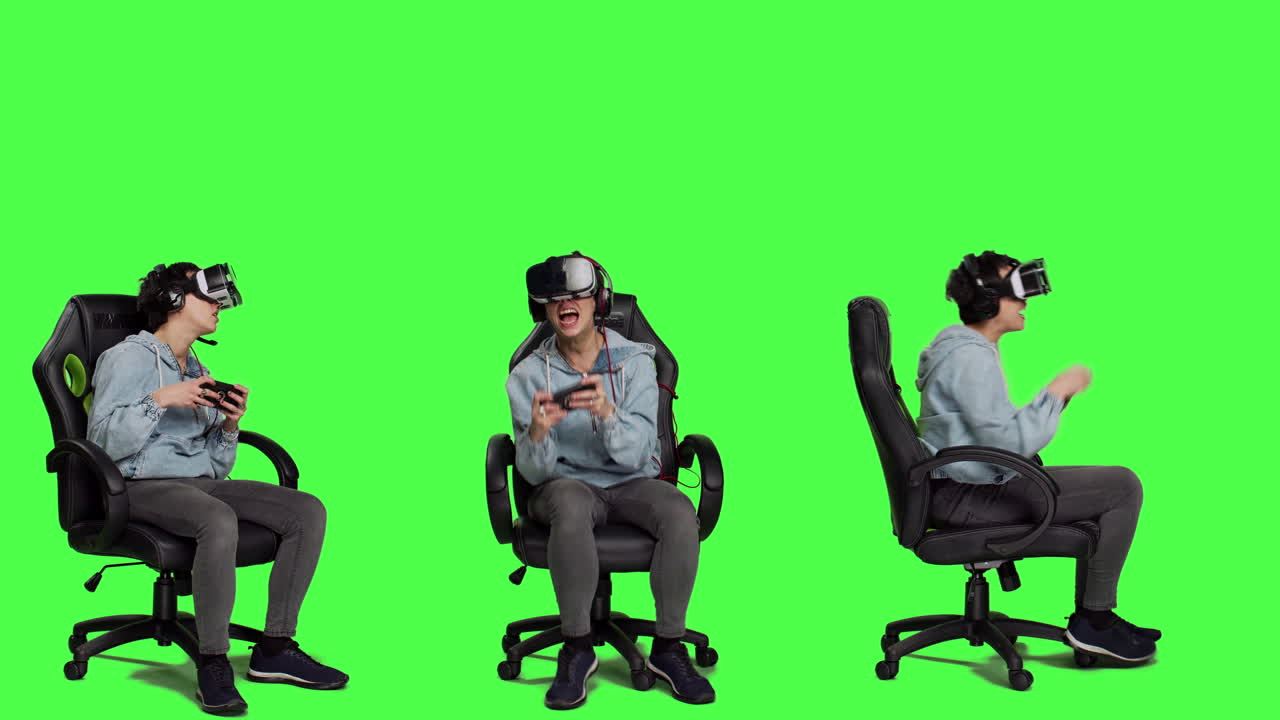 즐거운 여성이 온라인에서 친구들과 함께 거대한 e 스포츠 대회 우승을 축하합니다.