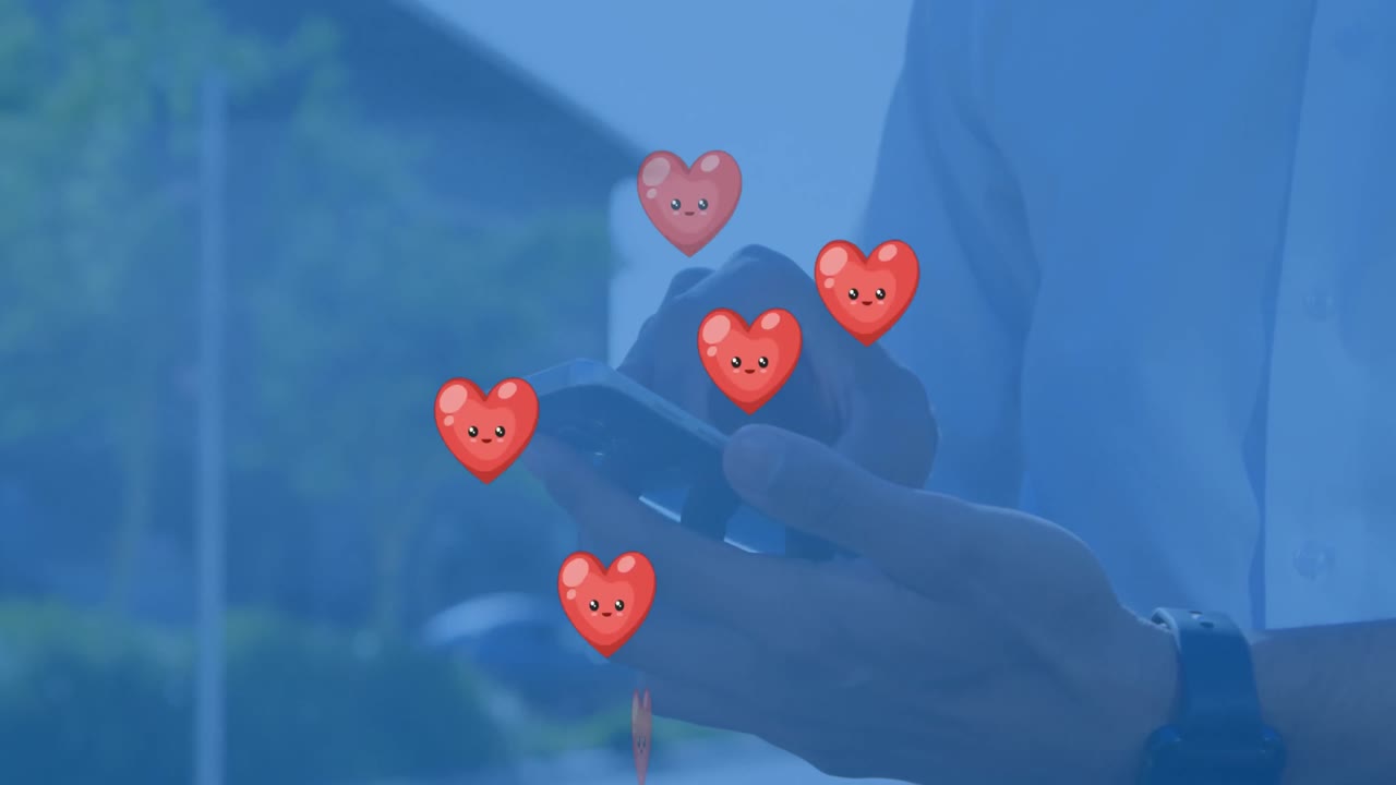 스마트 폰을 사용하는 사람 위에 떨어지는 소셜 미디어 아이콘의 애니메이션