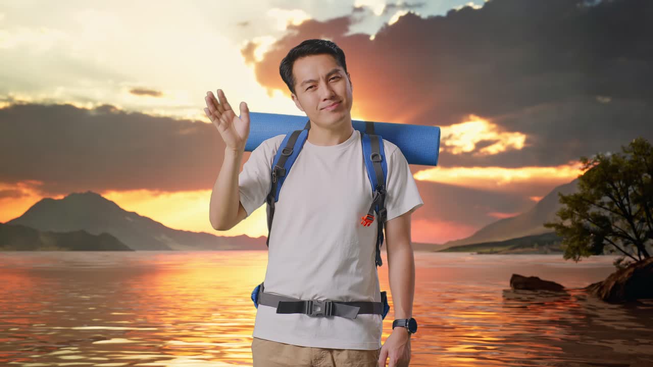 excursionista masculino asiático con mochila de montañismo agitando la mano y diciendo adiós en un lago
