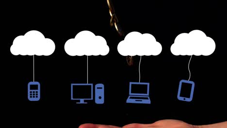 Animation-of-digital-icon-tied-to-cloud-icons-over-hand-flipping-gold-coins-against-black-background