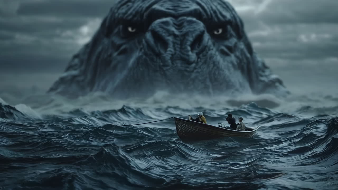 Piccola barca nell'oceano di fronte a un mostro marino gigante