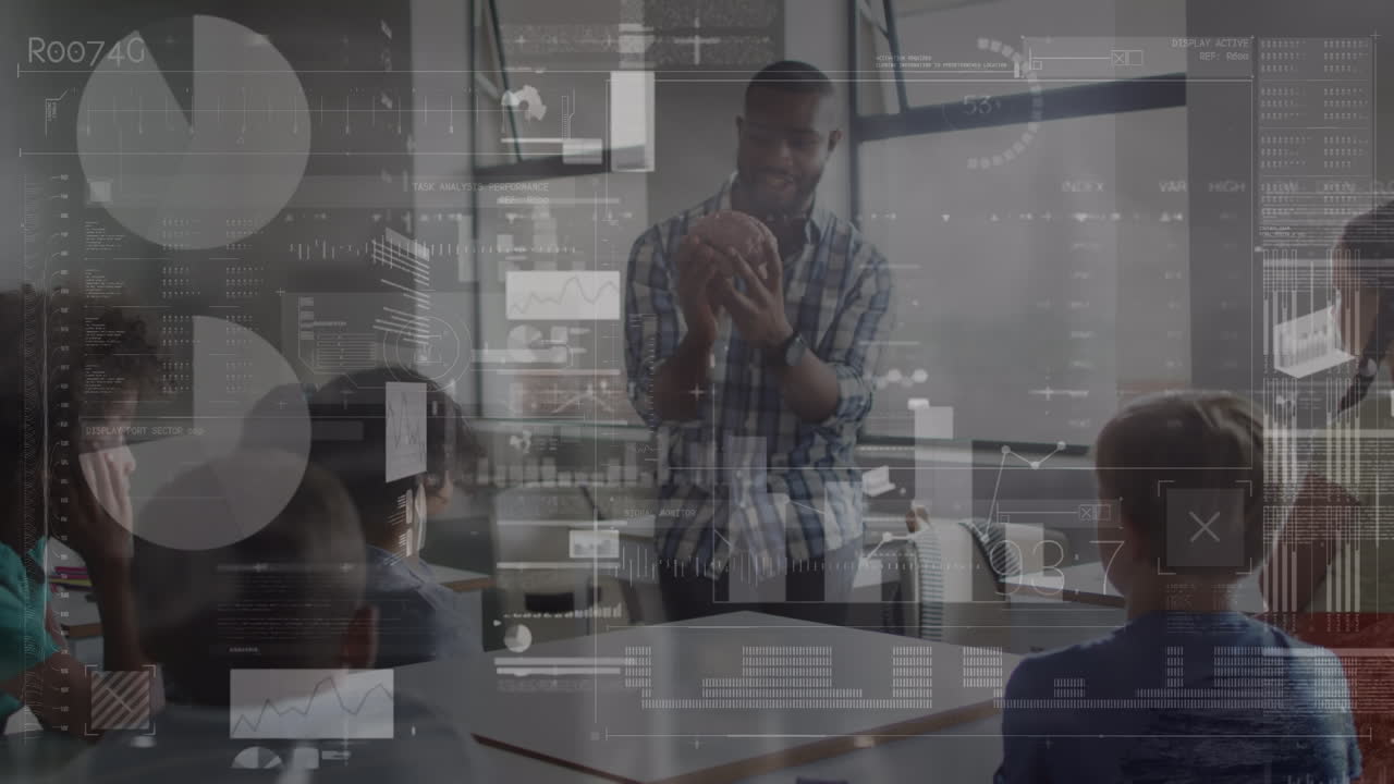 Animation of graphs and data over african american male teacher and class of diverse pupils