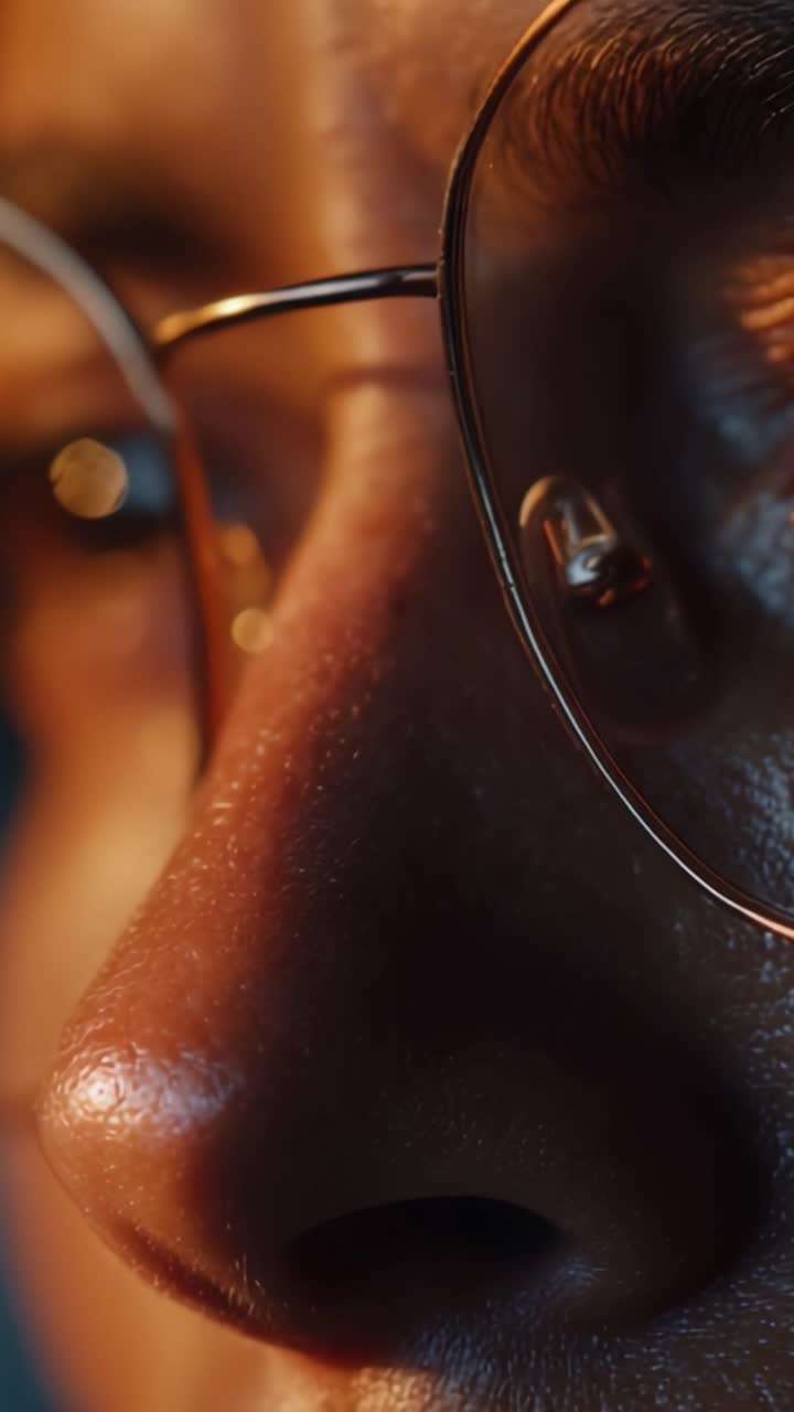Close-up Frame of a Person's Face Featuring Detailed Textures and Expressions in Artistic Lighting, Highlighting Features, Reflections, and Mood Variation