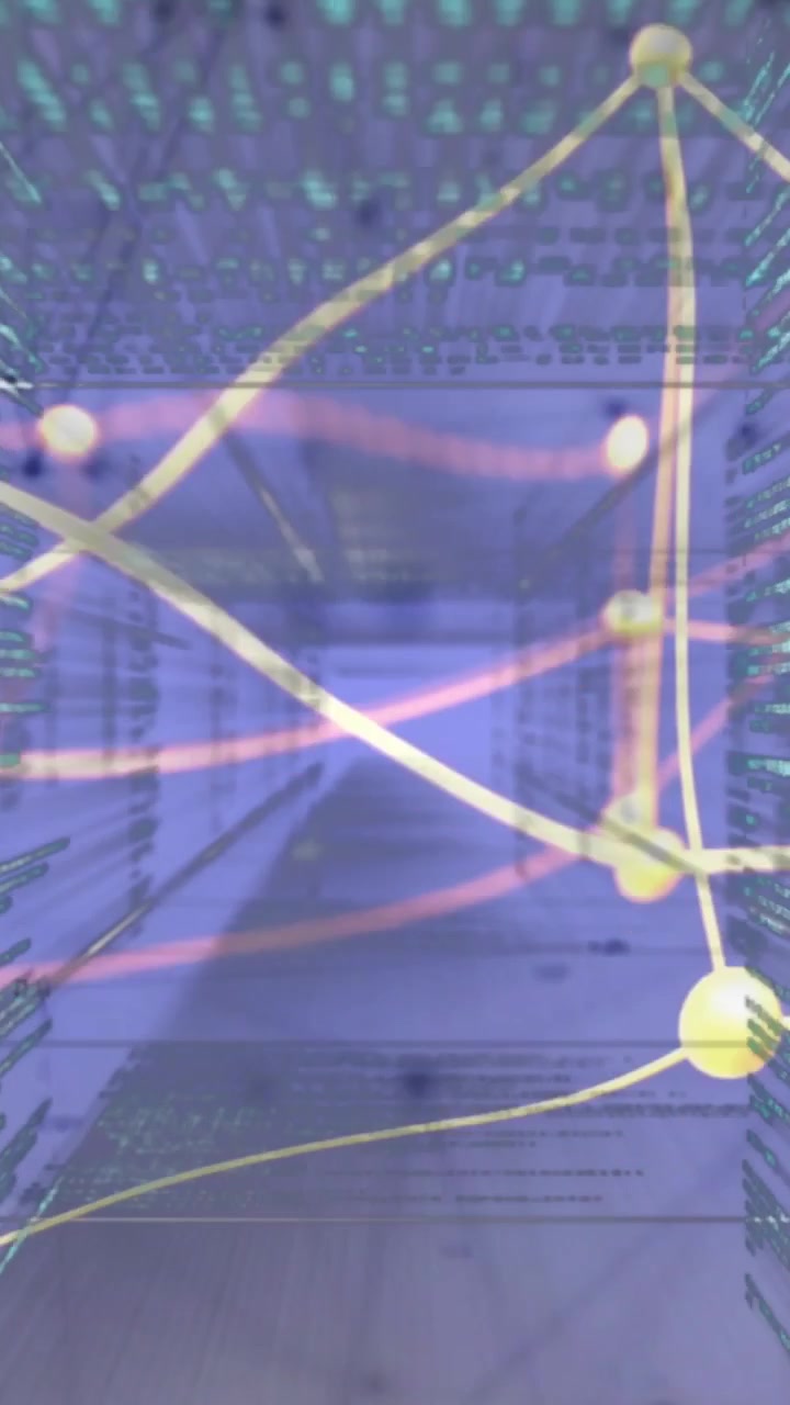 Vertical video: purple-blue cast sparking mesh over aisle, arcs moving, nodes pulsing showing data