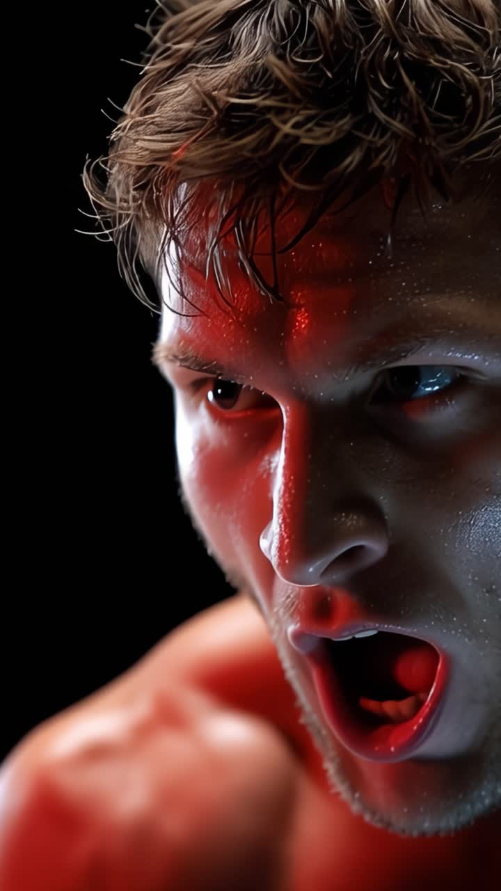 Intense Boxer's Expressive Shout Captured in Close-Up: A Study of Emotion and Power in the Ring During an Electrifying Moment of Competition