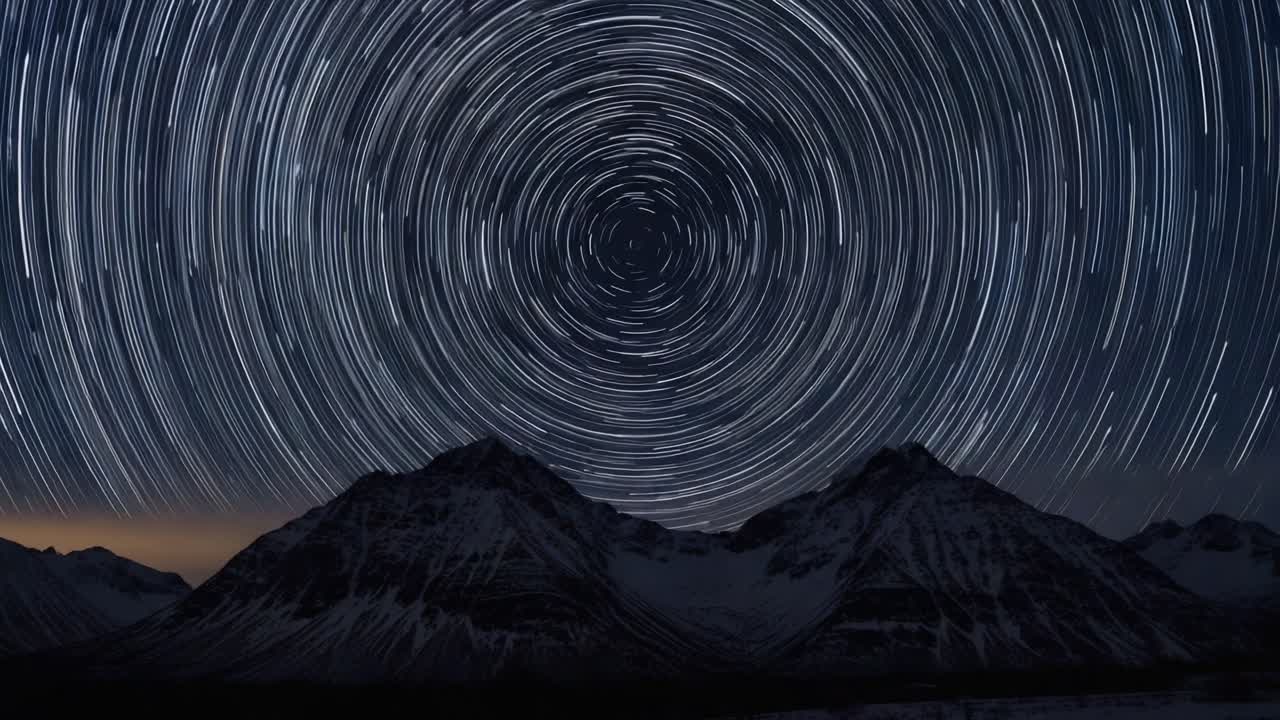 Circular Star Trails Over Snow-Capped Mountains