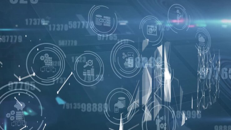 Animation of financial data processing over dark background
