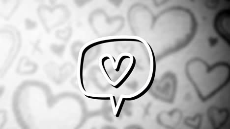 animación del corazón en la burbuja de habla sobre corazones en fondo blanco.
